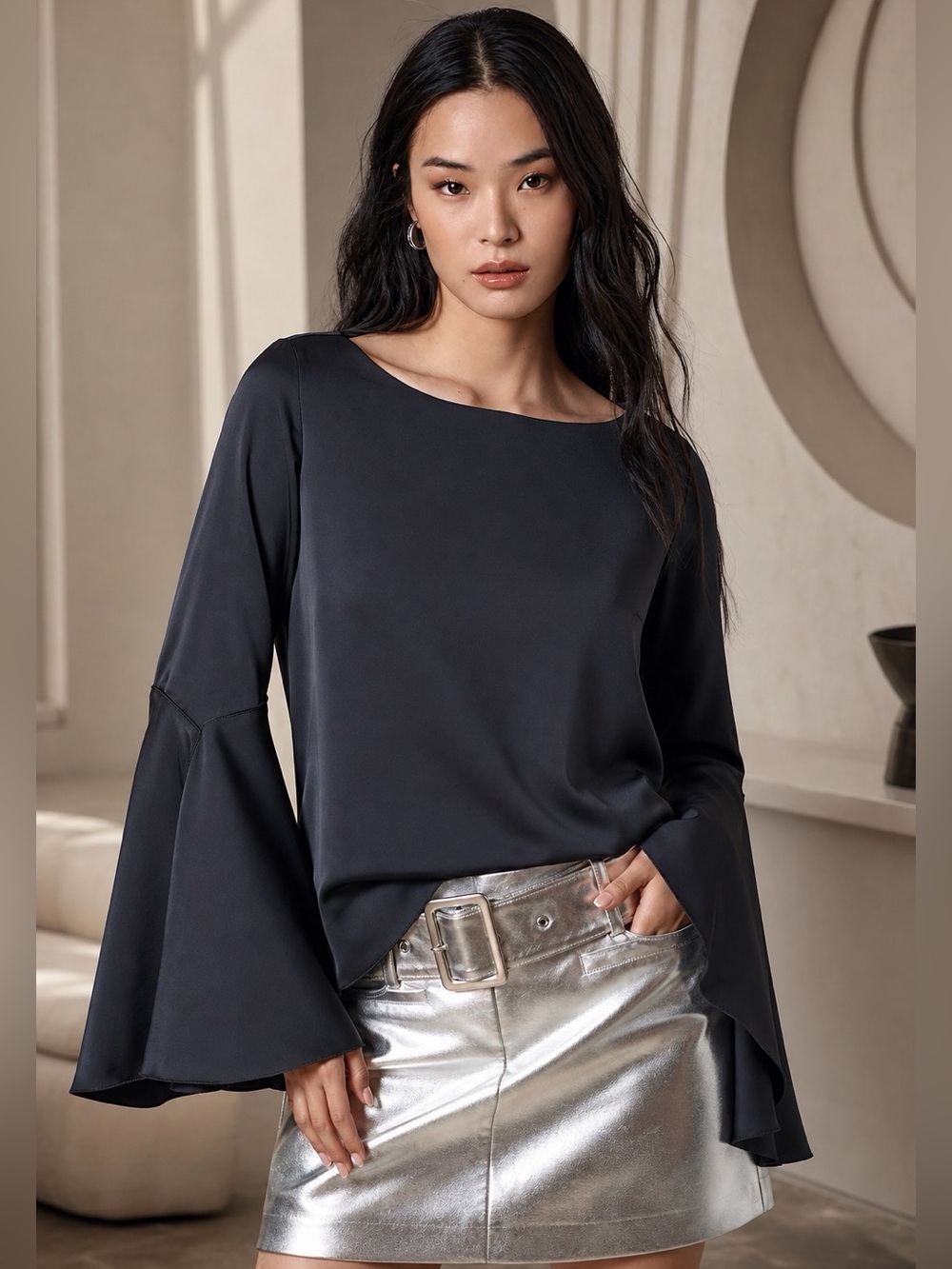 Anthropologie Bell Sleeve Satin Blouse NWT Large Black Boatneck Statement Top